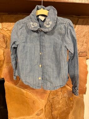 Gymboree 3T Light Blue Chambray Button-Up Shirt with Embroidered Ruffle Collar